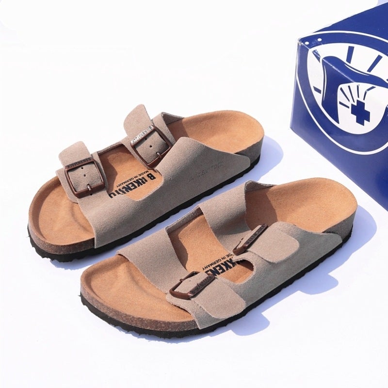 Original Standard Birkenstock Shoes Thick-Soled Genuine Leather Real Cork Slippers Birkenstock One-Line Outer Sandals Casual Shoes - Image 1